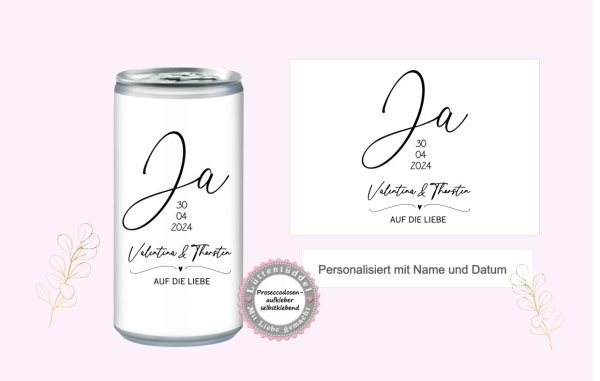 Prosecco Banderole PERSONALISIERT Aufkleber Sticker JA für JGA, Hochzeit, Getränke-Dosen-Banderole von Lüttentüddel®